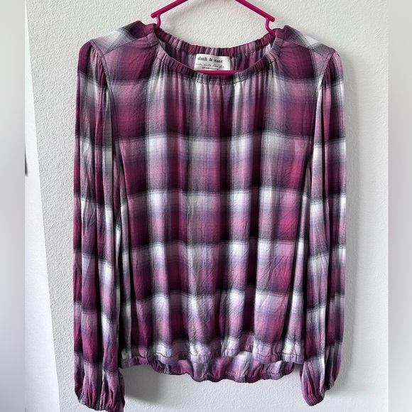 Anthropologie Cloth & Stone Glacier Plaid Elastic Cuff Top Raspberry Pink Grey - Picture 1 of 3